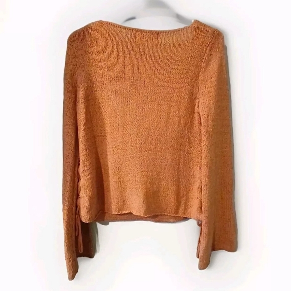 MinkPink Knit Top Bell Sleeve V Neck‎ Lace Up Bronze Blouse side ties - Picture 2 of 6